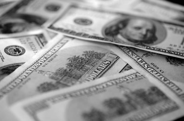 istock Hundred dollar bills background close up, black and white 664310210