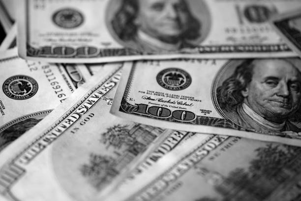 istock Hundred dollar bills background close up, black and white 664310238