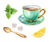 istock watercolor green cup of tea, lemon, mint, gold spoon, illustration isolated on white background 664313624