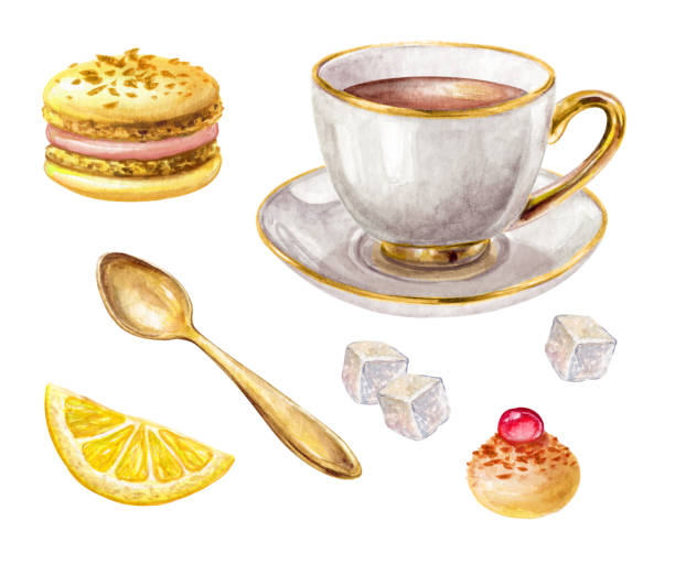 istock watercolor traditional cup of tea, lemon, macaroon biscuit, gold spoon, meringue, illustration isolated on white background 664313758