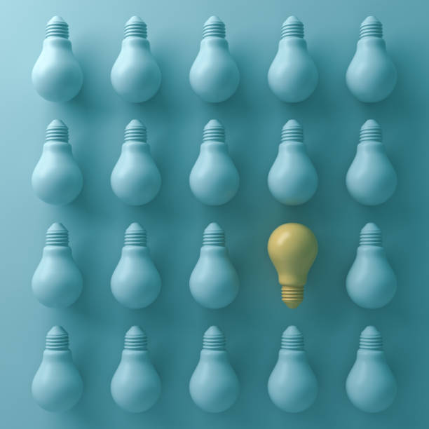 istock Think different concept , One yellow light bulb stand out from unlit green incandescent lightbulbs with shade and shadow , individuality and different business creative idea concept. 3D render 664317748