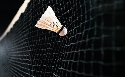 Close-up of white shuttlecock hitting the net.