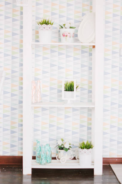 istock home decoration interior - white wooden rack with plants on it. 664328642
