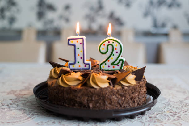 istock Chocolate cake with candles on day twelve of birth 664348330