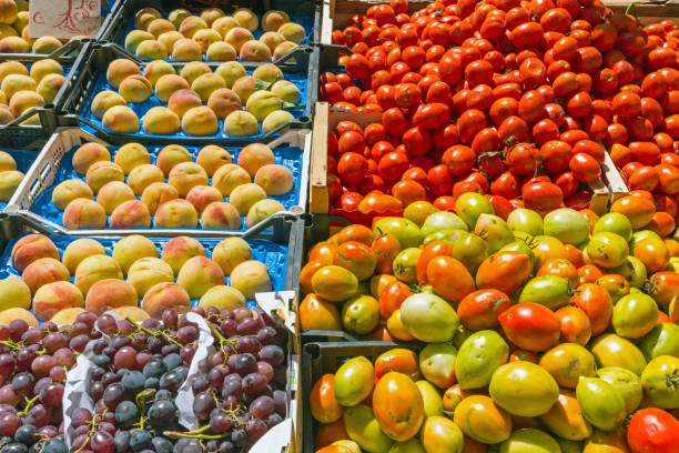 istock Tomatoes, grapes and peaches for sale 664356144