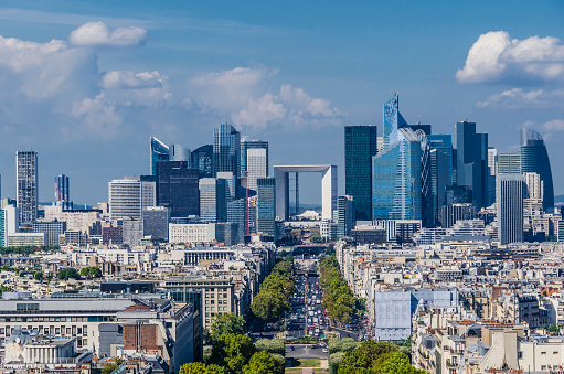 Skyline of business district of Paris, La Defense. Modern architecture