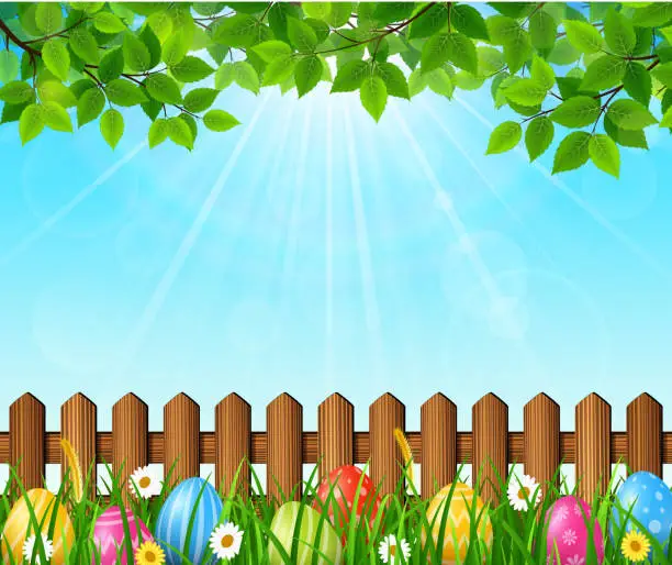 Vector illustration of Easter background with colorful eggs in the grass
