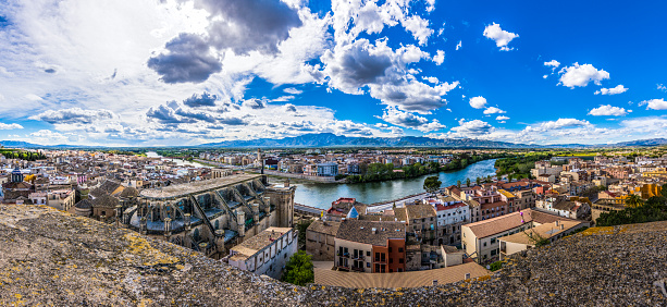 Panoramic view of Cathedral and Ebro river from Suda castle. Tortosa , Catalonia, Spain
