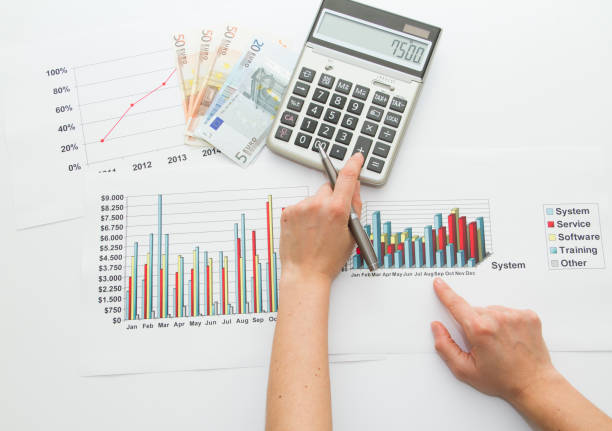 Businesswoman calculating yearly report