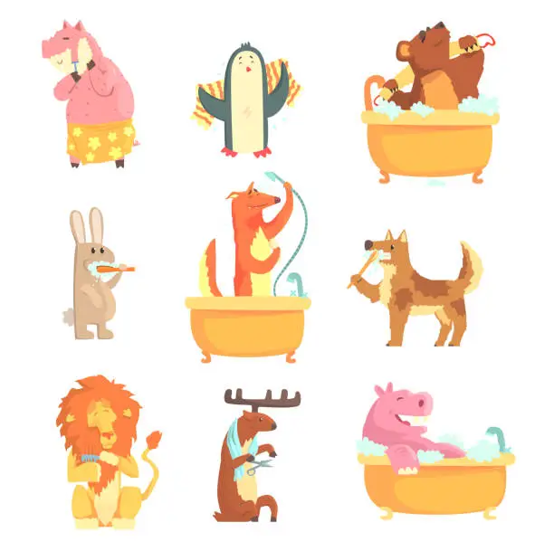Vector illustration of Cute animals bathing and washing in water, set for label design. Hygiene and care, cartoon detailed Illustrations