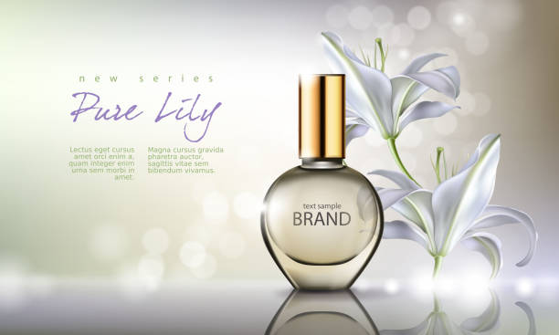 vector illustration parfüm in einer glasflasche auf einem hintergrund mit luxuriösen weiße lilie - women young women white background eastern europe stock-grafiken, -clipart, -cartoons und -symbole