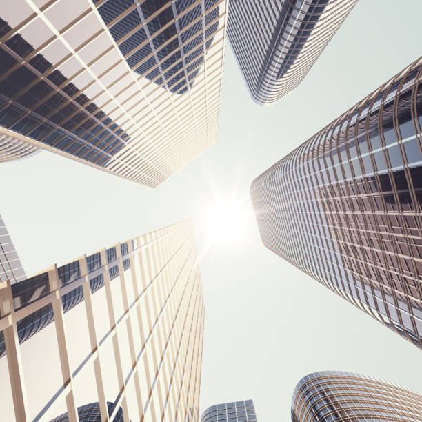 istock Bottom view of modern skyscrapers in business district in evening light at sunset. Industrial architecture, business construction and estate financial concept. 3d rendering 664395006