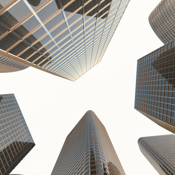 istock Bottom view of modern skyscrapers in business district in evening light at sunset. Industrial architecture, business construction and estate financial concept. 3d rendering 664395024