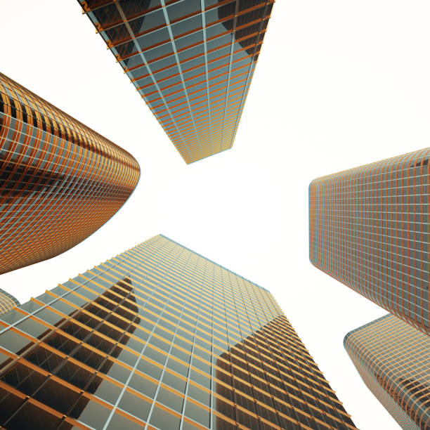 istock Bottom view of modern skyscrapers in business district in evening light at sunset. Industrial architecture, business construction and estate financial concept. 3d rendering 664395102