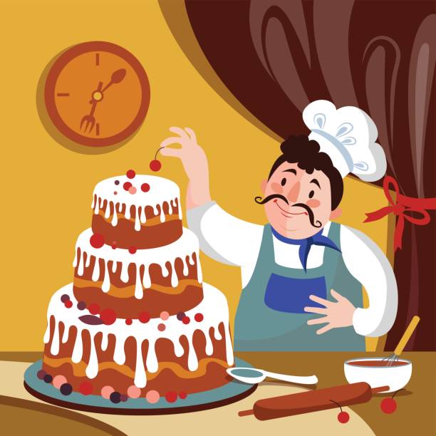 illustrazioni stock, clip art, cartoni animati e icone di tendenza di lo chef sta facendo la torta nella fornace. fornaio dei cartoni animati con una grande torta. fat cartoon chef illustrazione vettoriale - phish