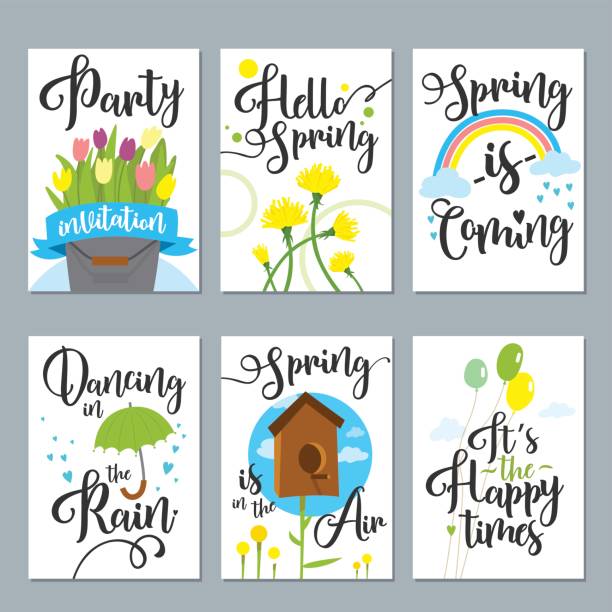 Spring card set with spring quotes, calligraphy, flowers. Perfect for greeting cards, sale badges, scrapbook, poster, cover, tag Spring card set with spring quotes Perfect for greeting cards, sale badges, scrapbook, poster, cover, tag, invitation, vector illustration. the plantation course at kapalua stock illustrations