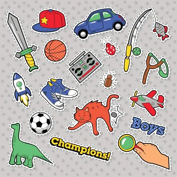 Vector illustration of Stickers Boys Theme. Toys, Sports, Car