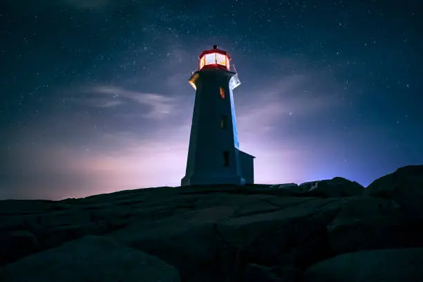 Peggy's Cove Lighthouse against a starry backdrop; Nova Scotia, Canada.