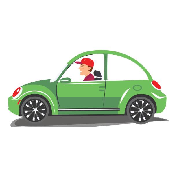 ilustraciones, imágenes clip art, dibujos animados e iconos de stock de conducir coche verde joven. ilustración vectorial de un hombre alegre conduciendo sobre fondo aislado - carrera-de-motos-de-velocidad