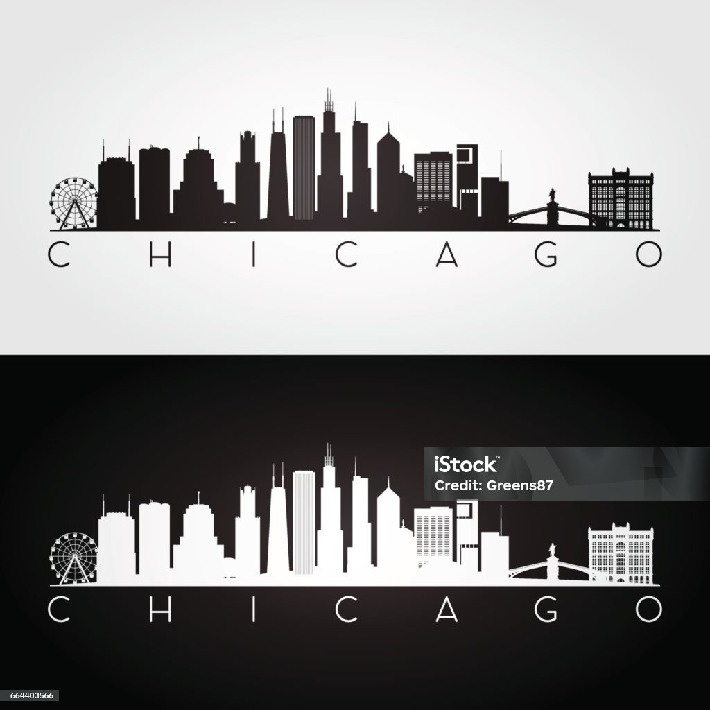 Chicago USA skyline en bezienswaardigheden silhouet - Royalty-free Chicago - Illinois vectorkunst