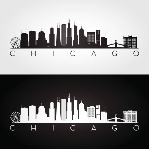 Chicago USA skyline and landmarks silhouette Chicago USA skyline and landmarks silhouette, black and white design, vector illustration. willis tower stock illustrations