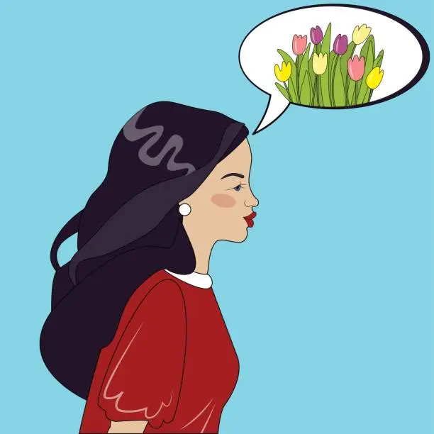 Vector illustration of Beautiful woman think about spring flowers in dialog cloud vector illustration
