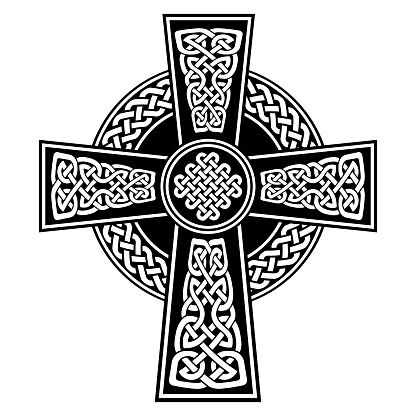 Celtic style Cross with endless knots patterns in white and black with stroke elements inspired by Irish St Patrick's Day, and Irish and Scottish carving art
