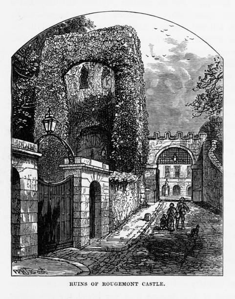 illustrazioni stock, clip art, cartoni animati e icone di tendenza di rovine del castello di rougemont a exeter, devon, inghilterra incisione vittoriana, 1840 - hever