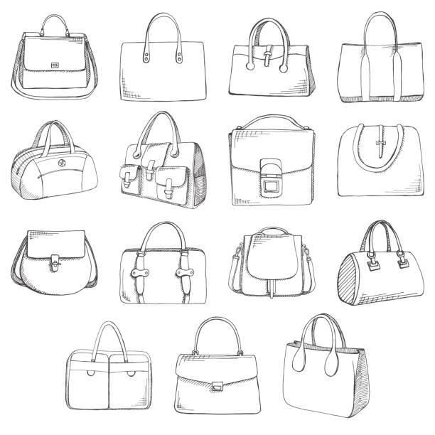 satz von verschiedenen taschen, damen, herren und unisex. taschen isoliert auf weißem hintergrund. vektor-illustration im stil sketch. - purse stock-grafiken, -clipart, -cartoons und -symbole