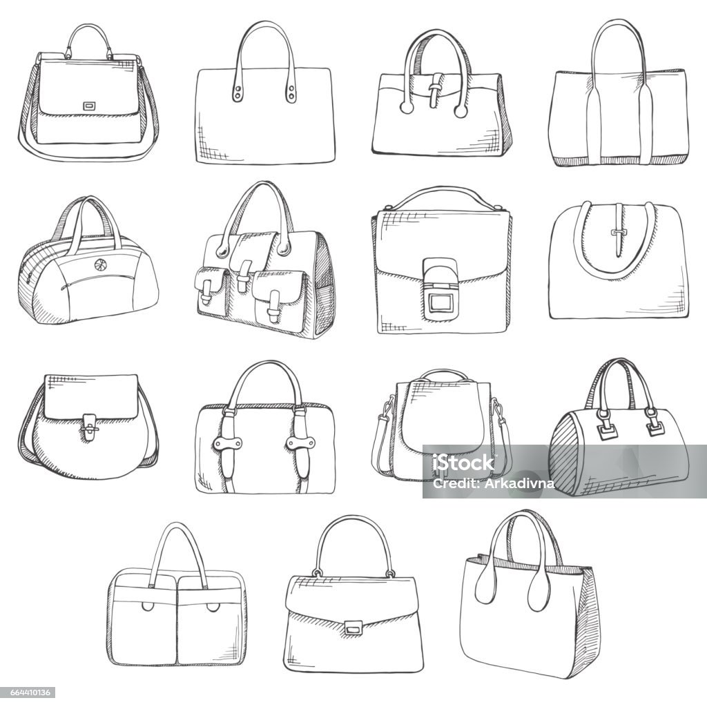 Set of different bags, men, women and unisex. Bags isolated on white background. Vector illustration in sketch style. Purse stock vector