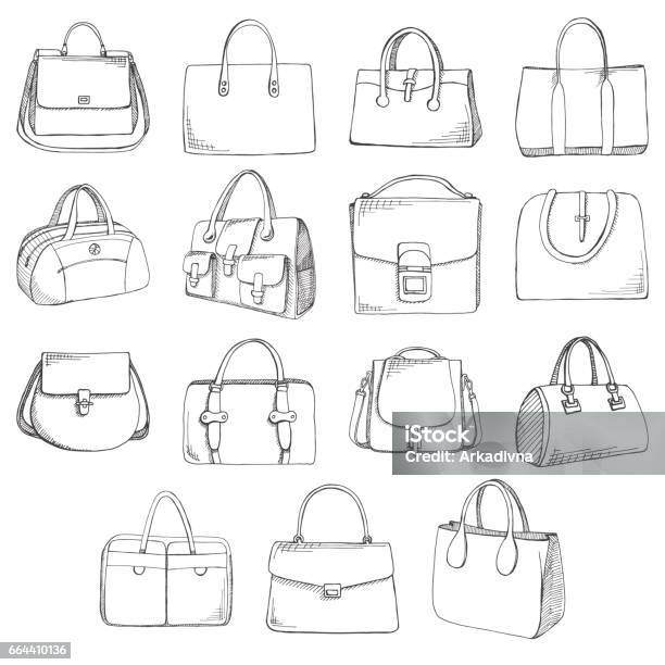 Set Of Different Bags Men Women And Unisex Bags Isolated On White Background Vector Illustration In Sketch Style Stock Illustration - Download Image Now