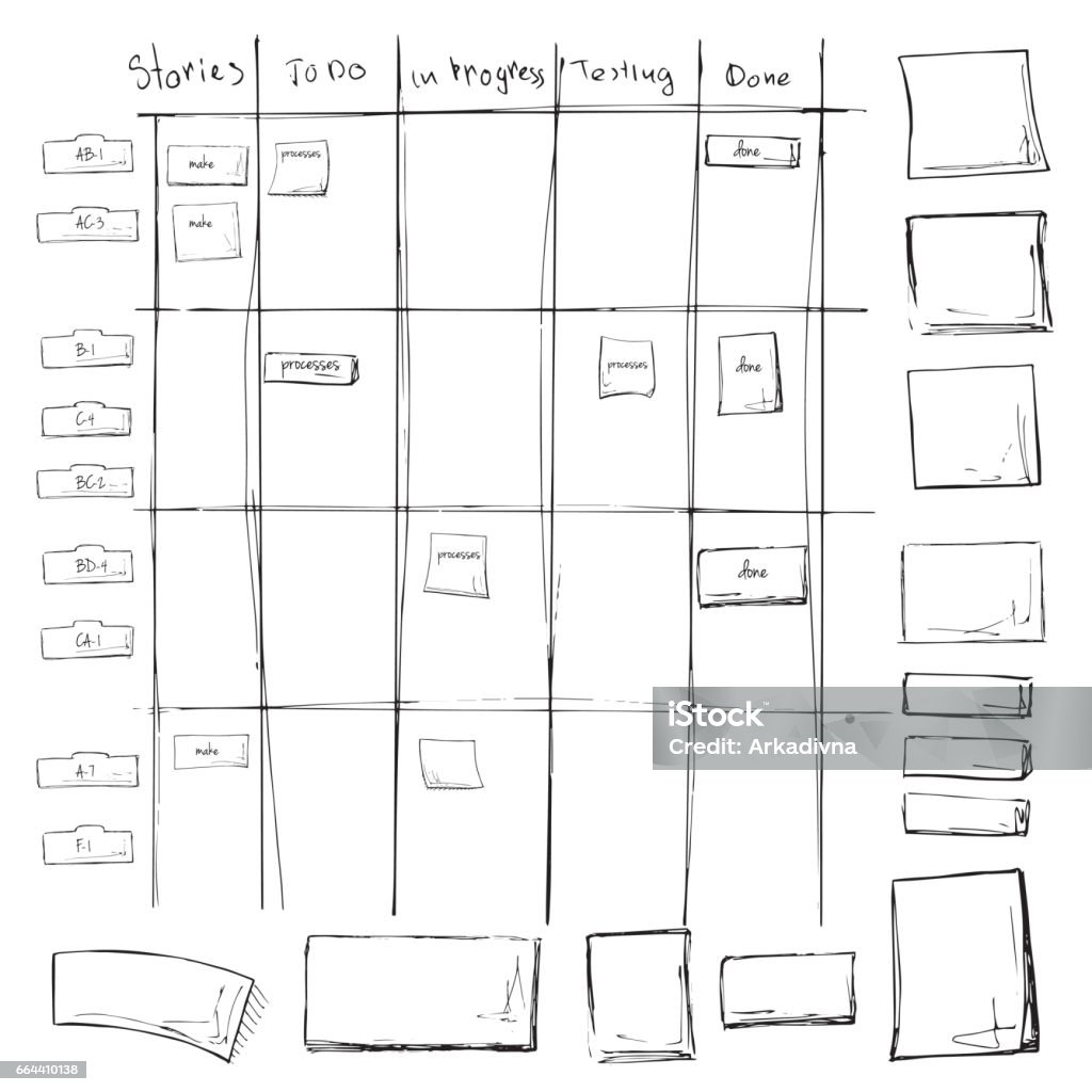 Scrum task board. Agile process in whiteboard table with sticky notes. Vector illustration in sketch style. Kanban stock vector