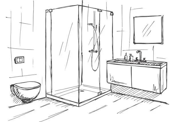 Vector illustration of Hand drawn sketch. Linear sketch of an interior. Part of the bathroom. Vector illustration