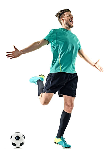 futbol jugador hombre feliz celebración aislado - athlete soccer player men professional sport fotografías e imágenes de stock