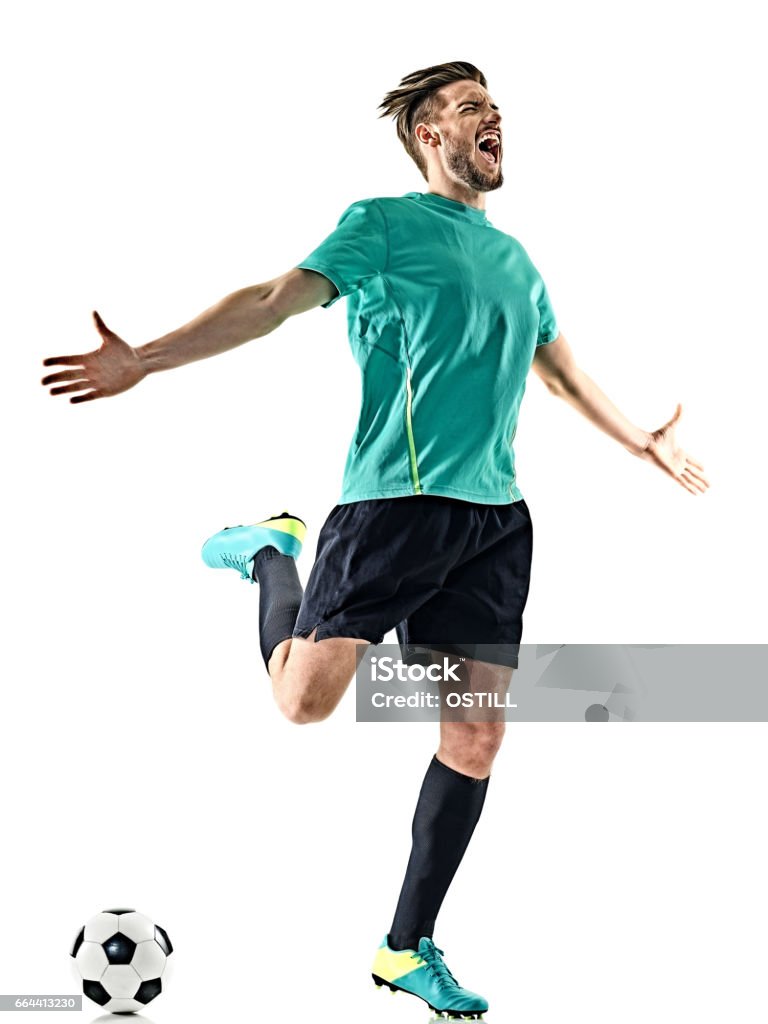 soccer player man happy celebration  isolated one caucasian soccer player man happy celebration isolated on white background Soccer Stock Photo