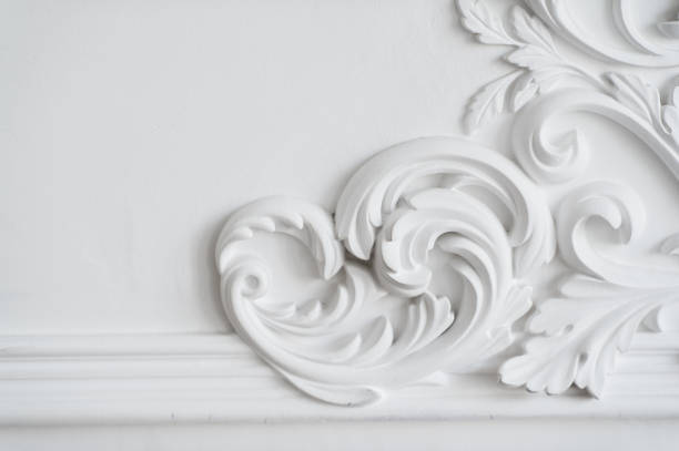 istock Luxury white wall design bas-relief with stucco mouldings roccoco element 664424348
