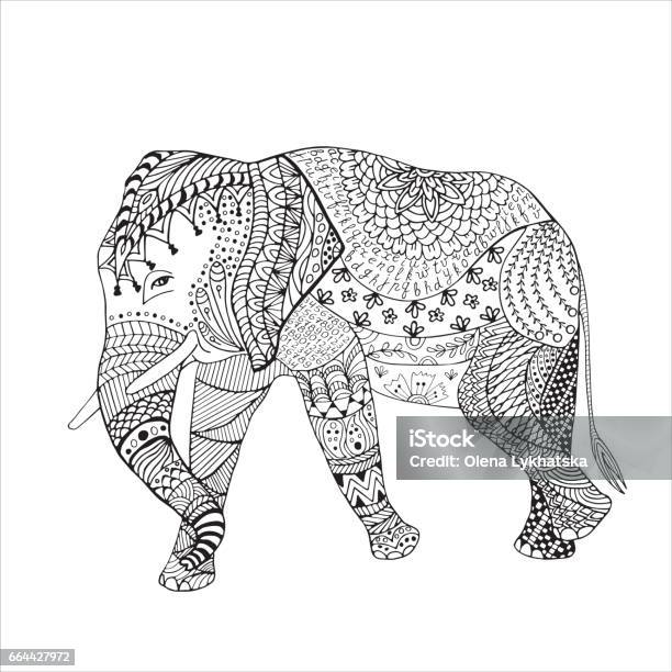 Elephant Hand Drawn Sketched Vector Illustration Doodle Graphic With Ornate Pattern Stock Illustration - Download Image Now