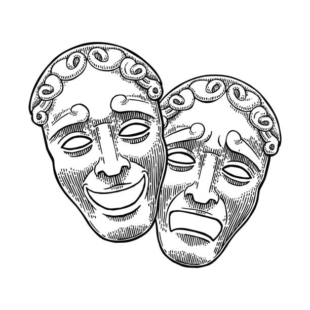 Comedy and tragedy theater masks. Vector engraving vintage black illustration Comedy and tragedy theater masks. Vector engraving vintage black illustration. Isolated on white background. theater mask stock illustrations