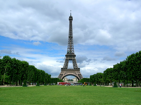 Beautiful garden in spring at the feet of Eiffel Tower in Paris. Panorama image.