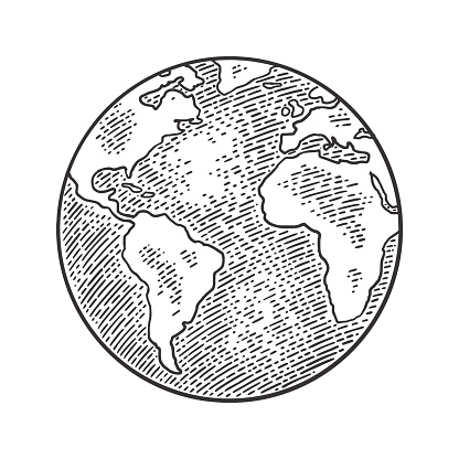 Earth planet globe. Vector black vintage engraving illustration isolated on a white background. For web, poster, info graphic.