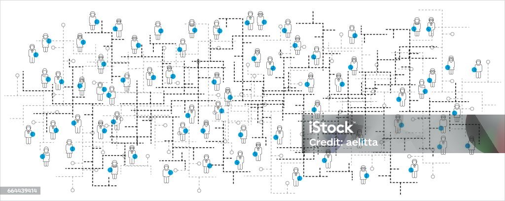 Ilustración de vector de un esquema de red social abstracta, que contiene los iconos de personas conectados entre sí. - arte vectorial de Complejidad libre de derechos