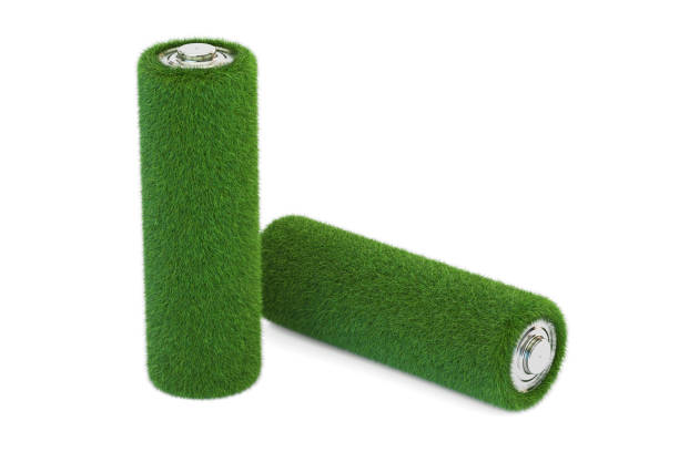 Batteries from grass. Ecology, green energy concept, 3D rendering vector art illustration