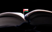 Omani flag in the middle of the book. Knowledge and education concept.