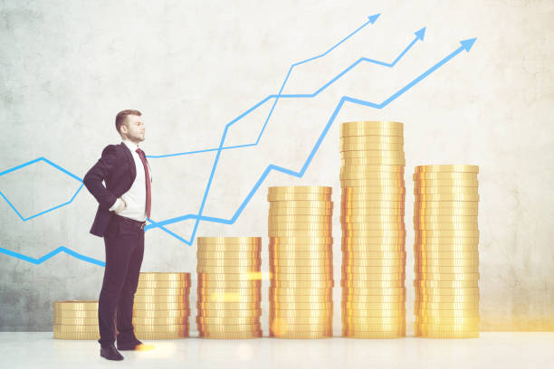 istock Side view of man with tree graphs, coins, toned 664450602