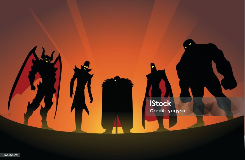 Super Villain Team Silhouette A vector silhouette style illustration of a team of super villain with light beam effect in the background. Wide space available for your copy. Villain stock vector