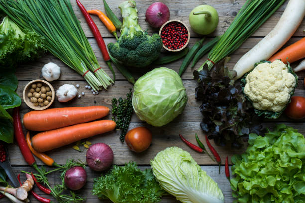 istock Fresh farmers market fruit and vegetable from above with copy space 664474096