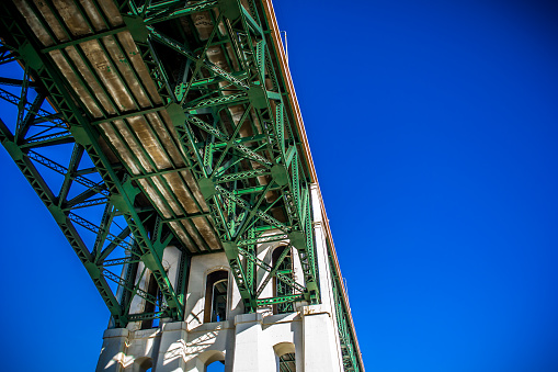 The Hope Memorial Bridge in Cleveland, Ohio from below with a blue sky above.
