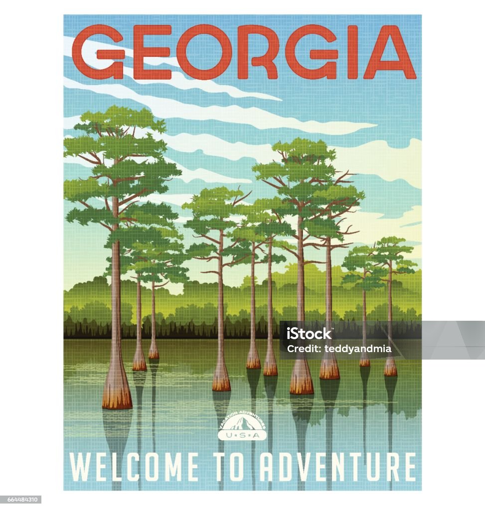 Georgia travel poster or sticker. Vector illustration of bald cypress in wetland swamp Georgia - US State stock vector