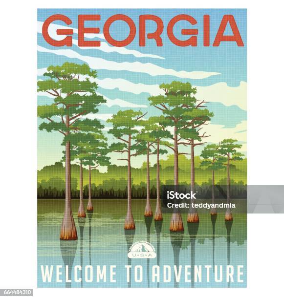 Georgia Travel Poster Or Sticker Vector Illustration Of Bald Cypress In Wetland Swamp Stock Illustration - Download Image Now