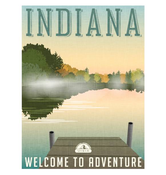 Indiana travel poster or sticker. Vector illustration of of mist on tranquil lake in autumn. Indiana travel poster or sticker. Vector illustration of of mist on tranquil lake in autumn. lake illustrations stock illustrations